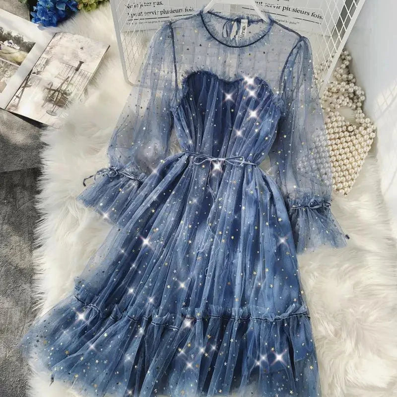 Sequined Mesh Fairy Dress For Women Party Gala Evening Wear