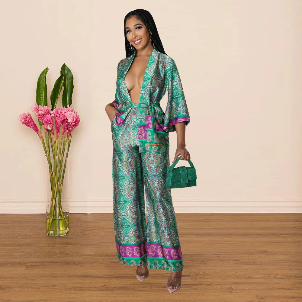 Women's Imitation Silk Printed Two Piece Set with Lace-Up Long Sleeve Top and Wide-Leg Pants for Casual Street Style