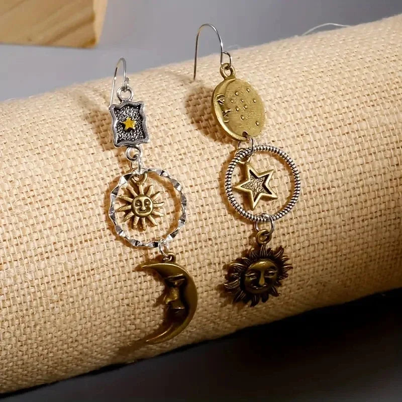 Creative Retro Asymmetrical Star and Moon Pendant Earrings for Women