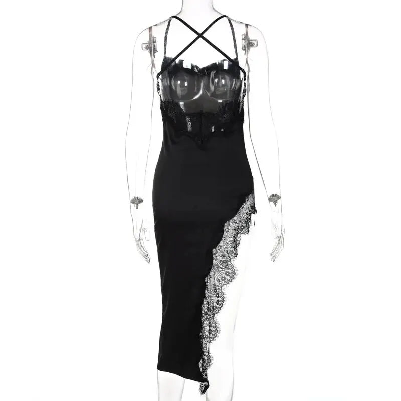 Women Black Lace Bodycon Midi Dress for Party Evening