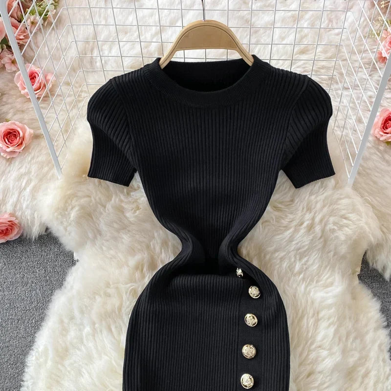 Black Knitted Bodycon Dress Slim Elastic Streetwear