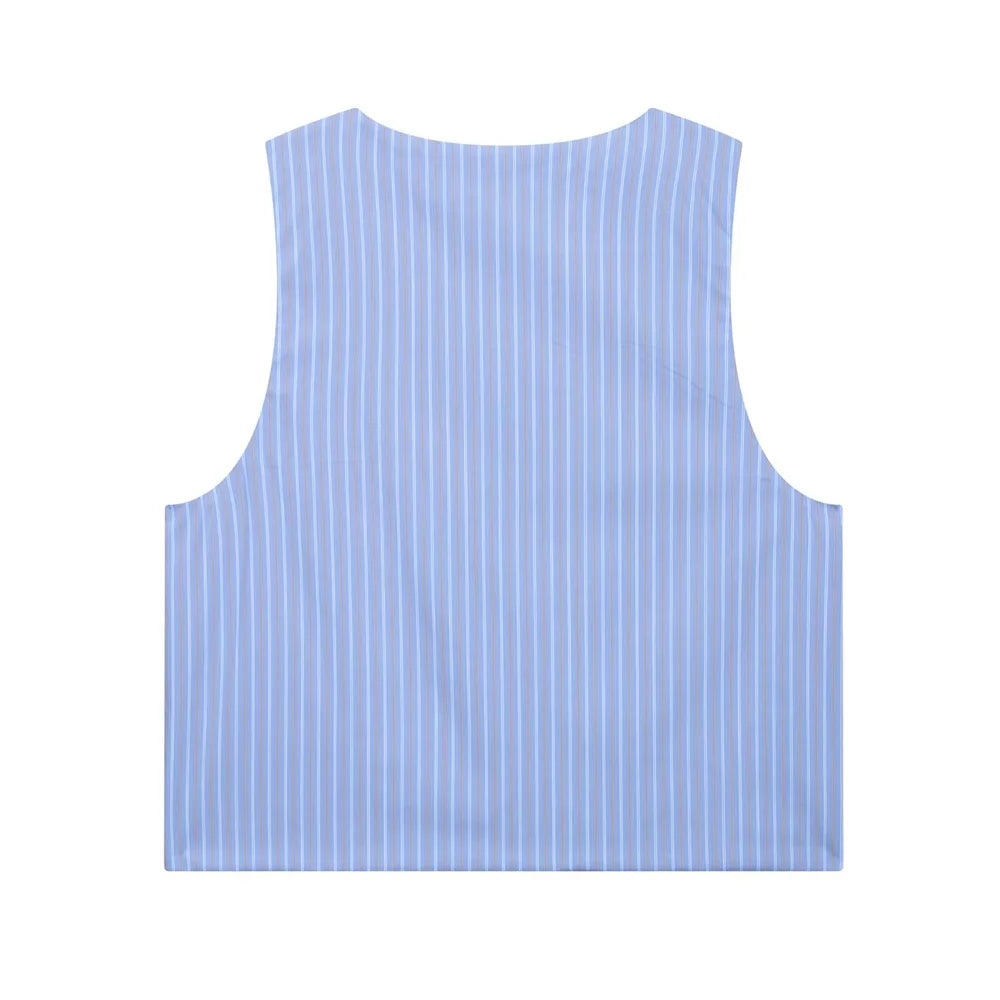 Womens Light Blue Pinstripe Suit Set with Sleeveless Asymmetric Vest and Wide Leg Pants for Stylish Office Attire