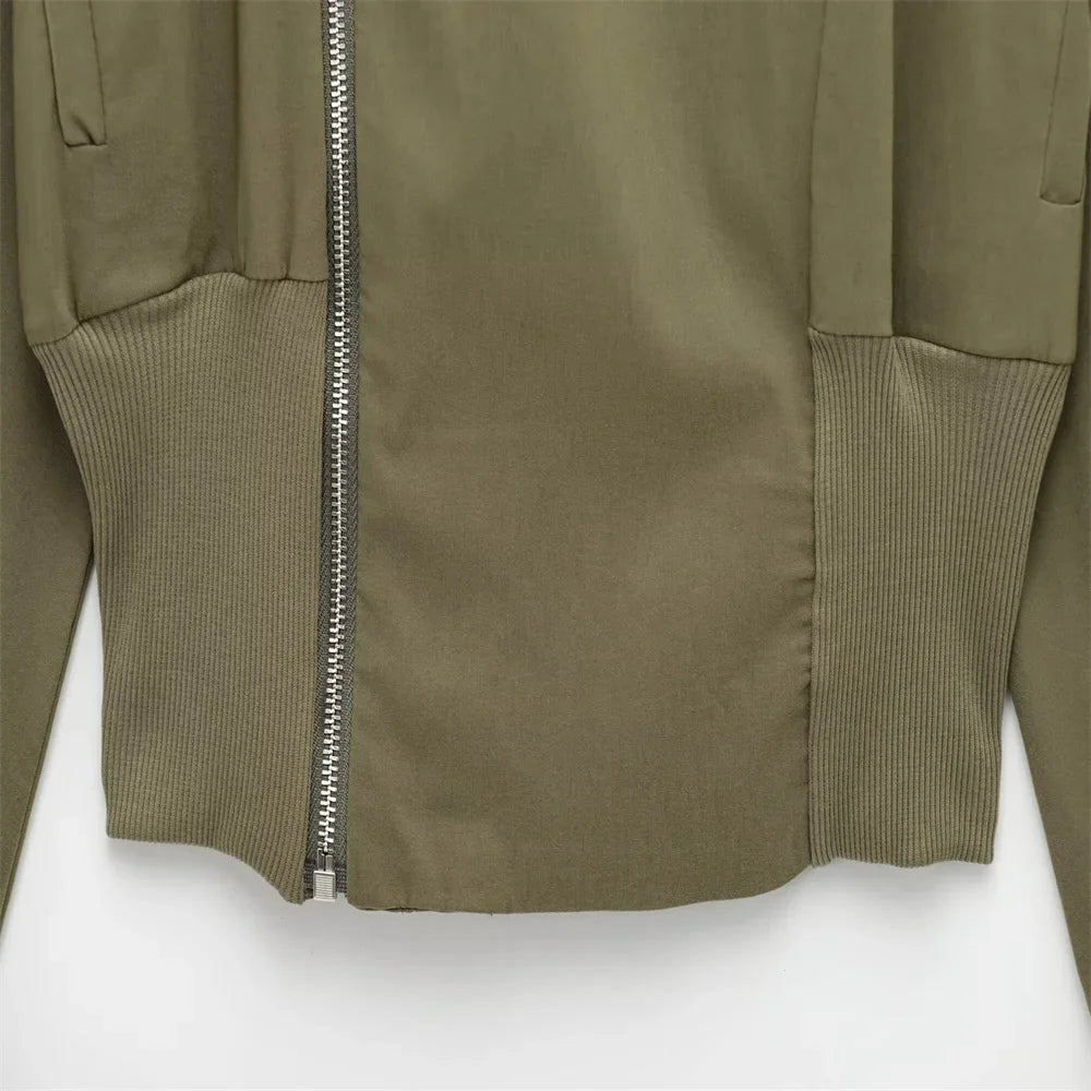 Olive Green Cowl Neck Asymmetric Zip Jacket with Elastic Waist Wide Leg Cargo Pants Set for Trendy Women's Fashion