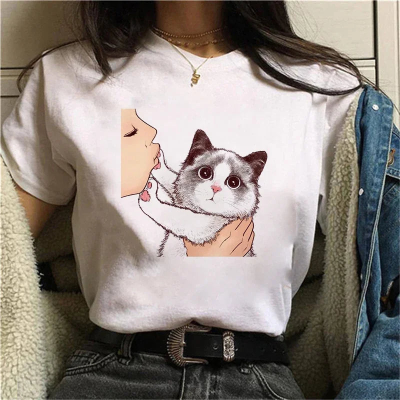 Summer Women Cute Cat Printed T-Shirt Casual Vintage Tee Top