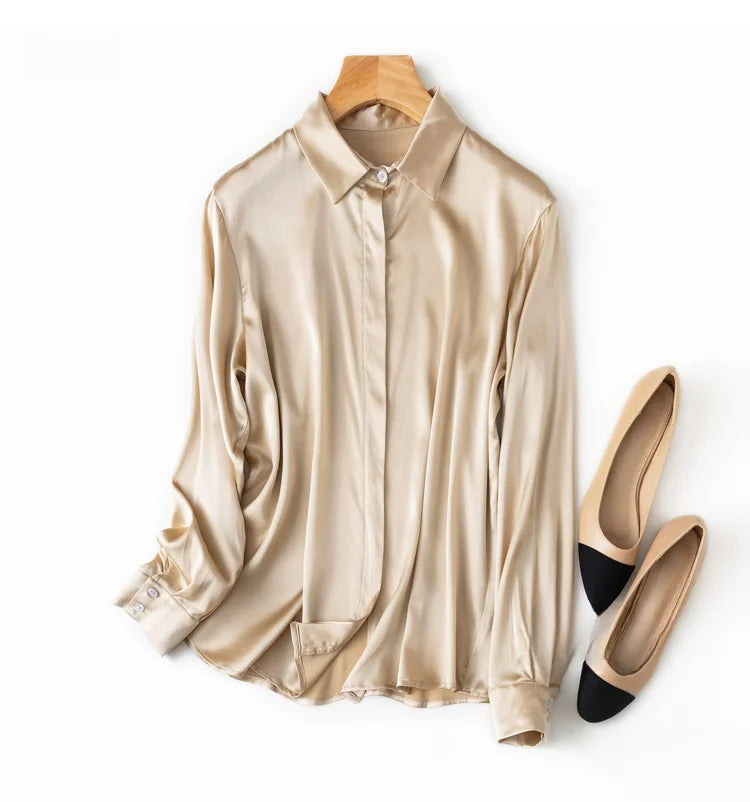 Women Satin Silk Shirt 93% Mulberry Silk 7% Spandex 19 Momme Classic Long Sleeve Blouse Solid Color Office Top for Women M L XL XXL