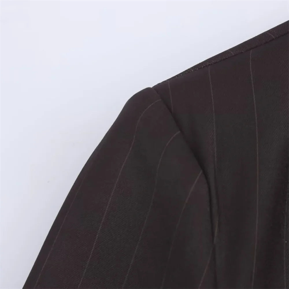 Autumn Women's Fashion Striped Loose Suit Coat with Buckle Decoration and High Waist Striped Pants Set