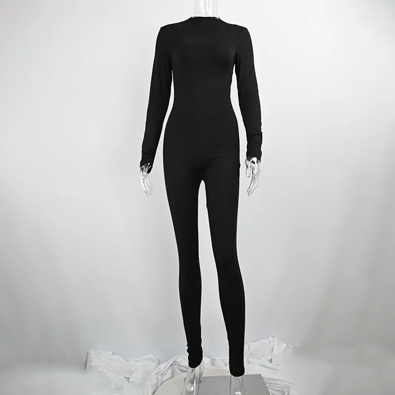 Sexy Black Autumn Long Sleeve Jumpsuit for Women O-Neck Solid Bodycon Skinny Romper Casual Streetwear Fashion Sporty Fit