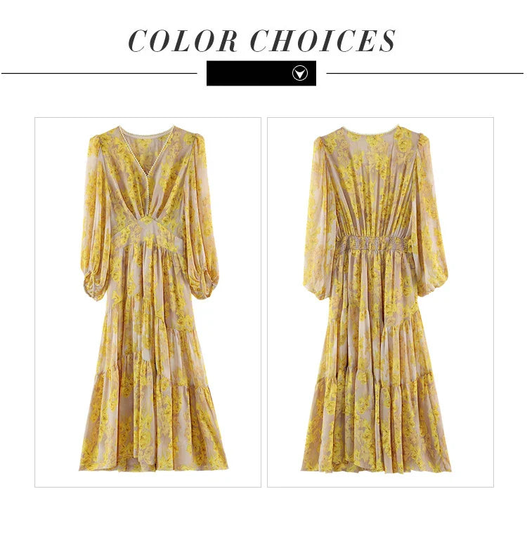 Floral Chiffon Dress For Women V Neck A Line Dress