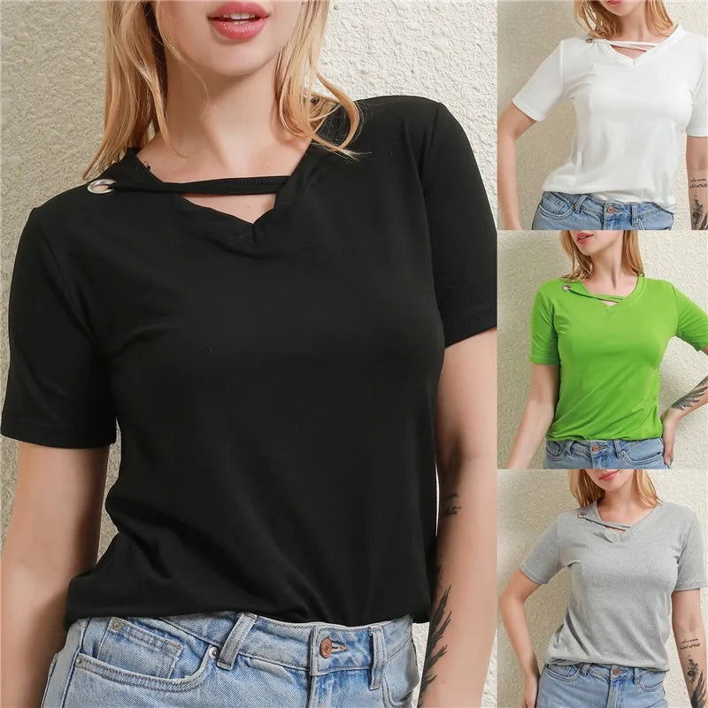 Casual Women V-Neck Loose White T-Shirt Summer Short Sleeve Polyester Top