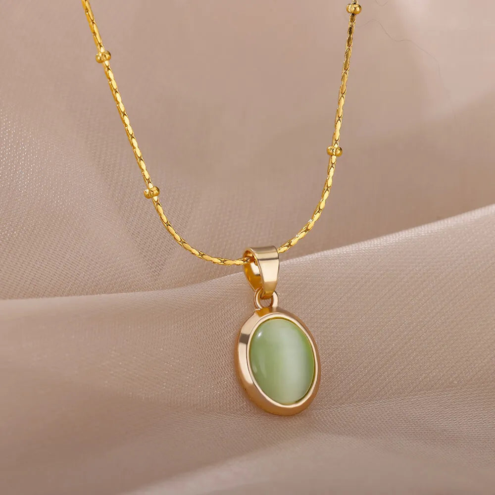 Gold Color Opal Oval Necklace for Women Stainless Steel Pendant Jewelry Gift