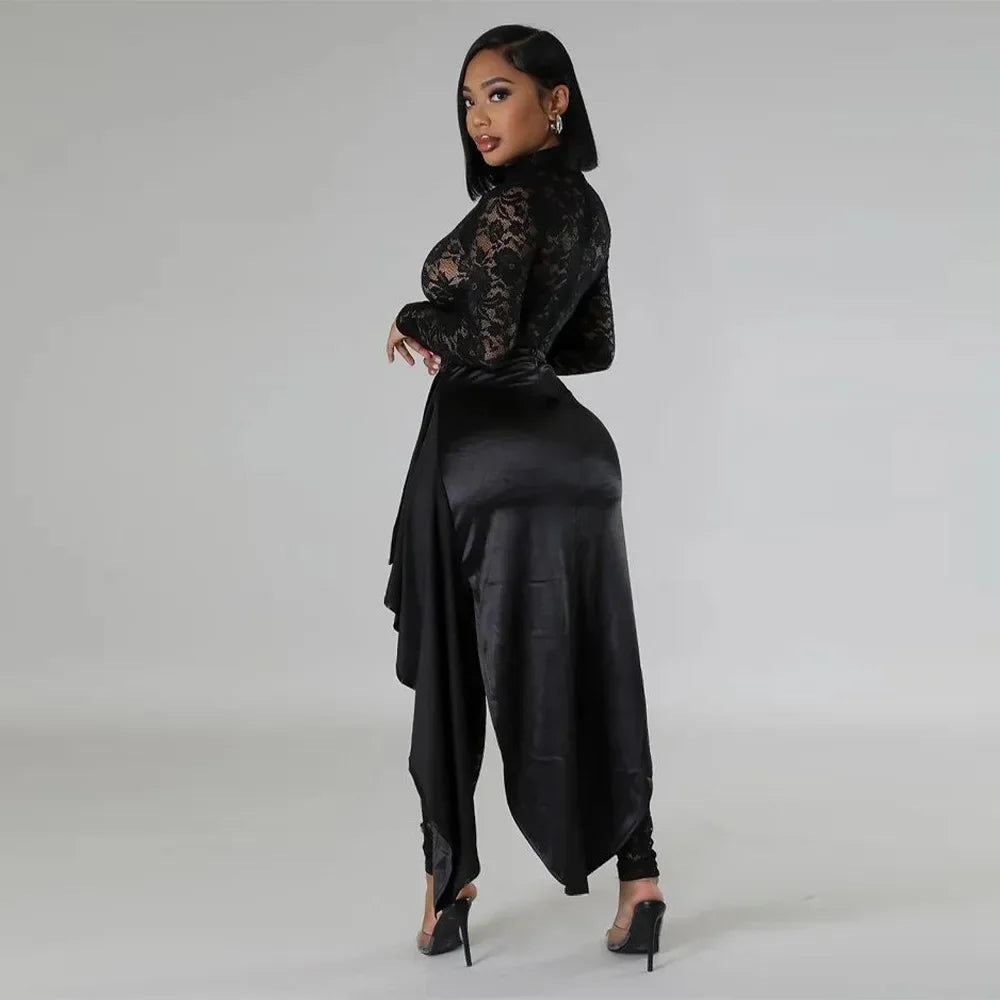 Sexy Sheer Floral Lace Jumpsuit with Overlay Skirt Stretchy Skinny One Piece Romper for Nightclub Party Women Clubwear