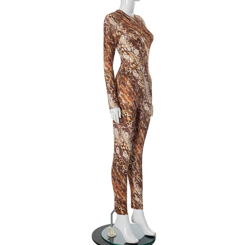 Brown Single Shoulder Long Sleeve Snake Print Jumpsuit for Women with Back Zipper Sexy One Piece Romper