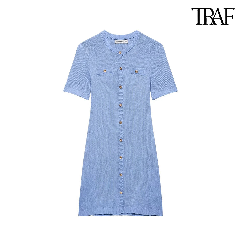 French Chic Solid Color Round Neck Mini Dress For Women