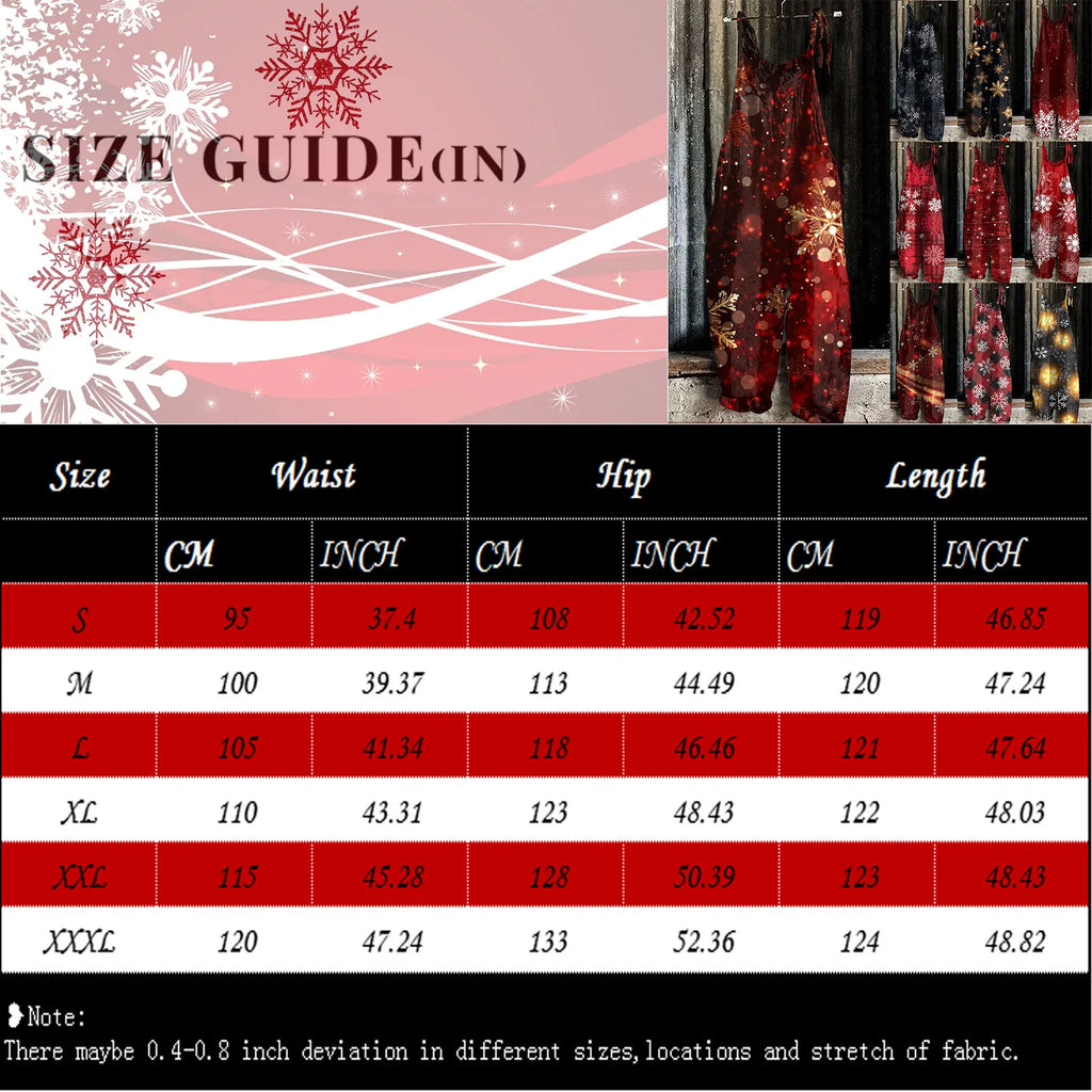 Kawaii Cartoon Print Casual Loose Vintage Strappy Jumpsuit Women's Fashion Festival Pants with Christmas Theme