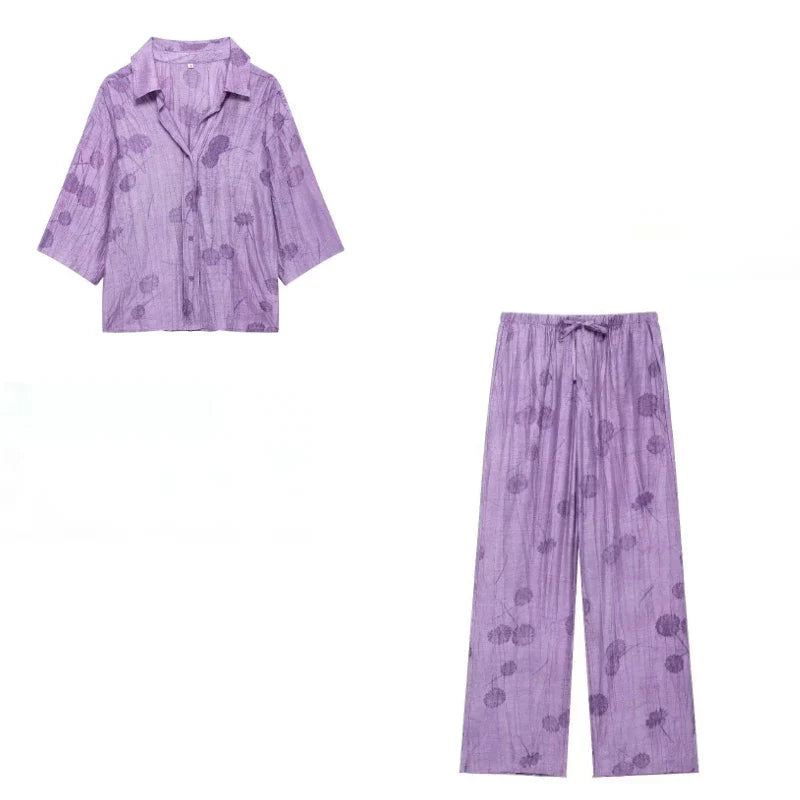 Jacquard Shirt Pants Suit for Women with Lapel Half Sleeve and Pockets, Wide Leg Pant Set for Summer Streetwear