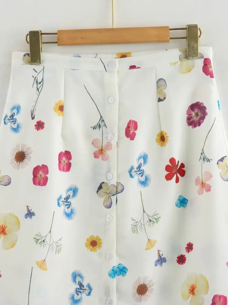 Women's Square Collar Lace-Up Slim Fit Top and Single Breasted A-Line Midi Skirt Two-Piece Set with Feminine Print