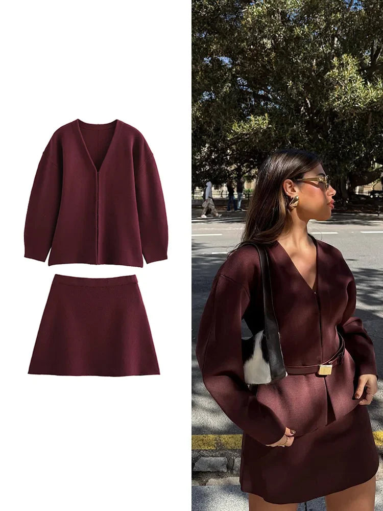 Women's Stylish Knit Mini Skirt Set with Slim Fit Jacket and High Waist Stretch Flat Knit Skirt Casual Chic Outfit