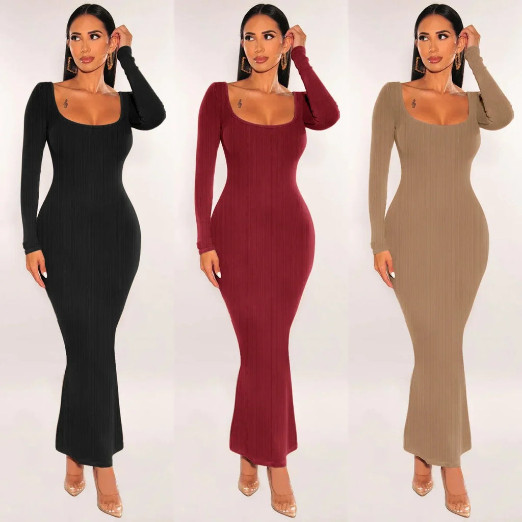 Ribbed Knit Long Sleeve Maxi Dress Slim Fit Bodycon