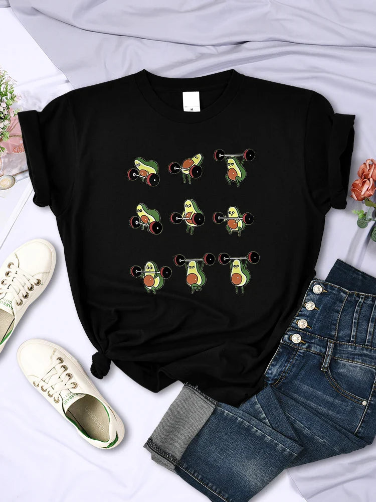 Avocado Cartoon Weightlifting T Shirt for Women Casual Short Sleeves Korean Hip Hop Style
