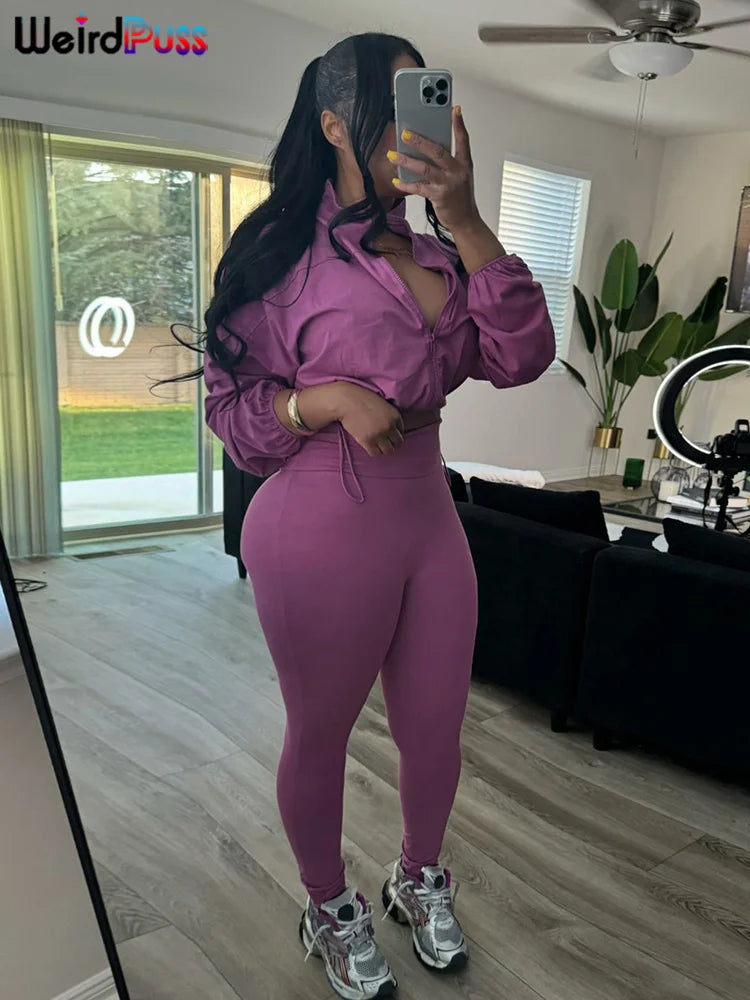 Weird Puss Tracksuit Women 2 Piece Set Casual Zip Thin Drawstring Crop Jacket and Leggings Matching Sporty Suit