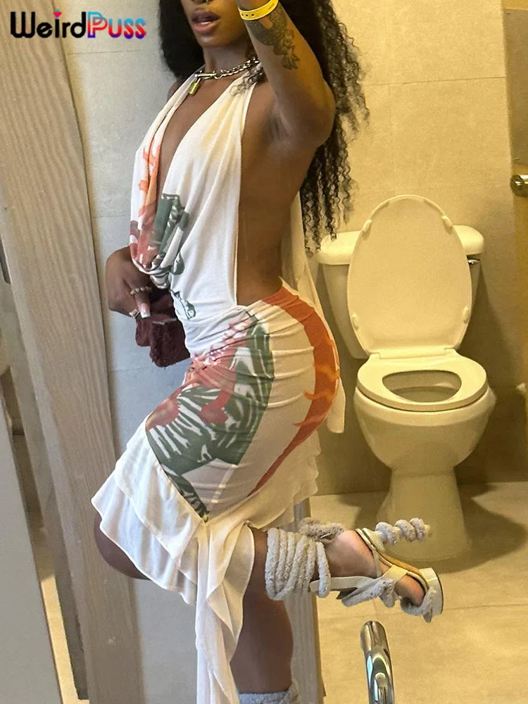 Backless Halter Bodycon Dress With Deep V Neck Y2K Clubwear