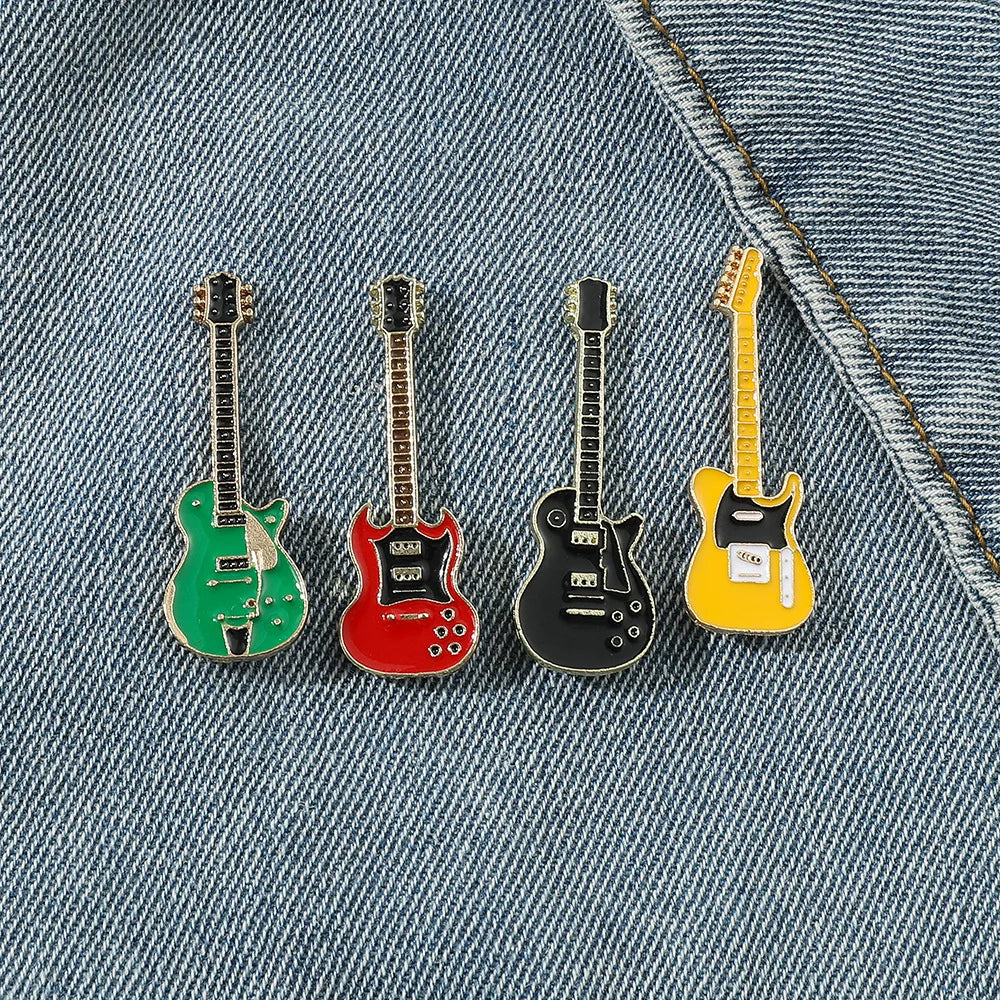 Vintage Metal Enamel Guitar Brooch for Men and Women Musical Instrument Badge Fashion Jewelry Gift