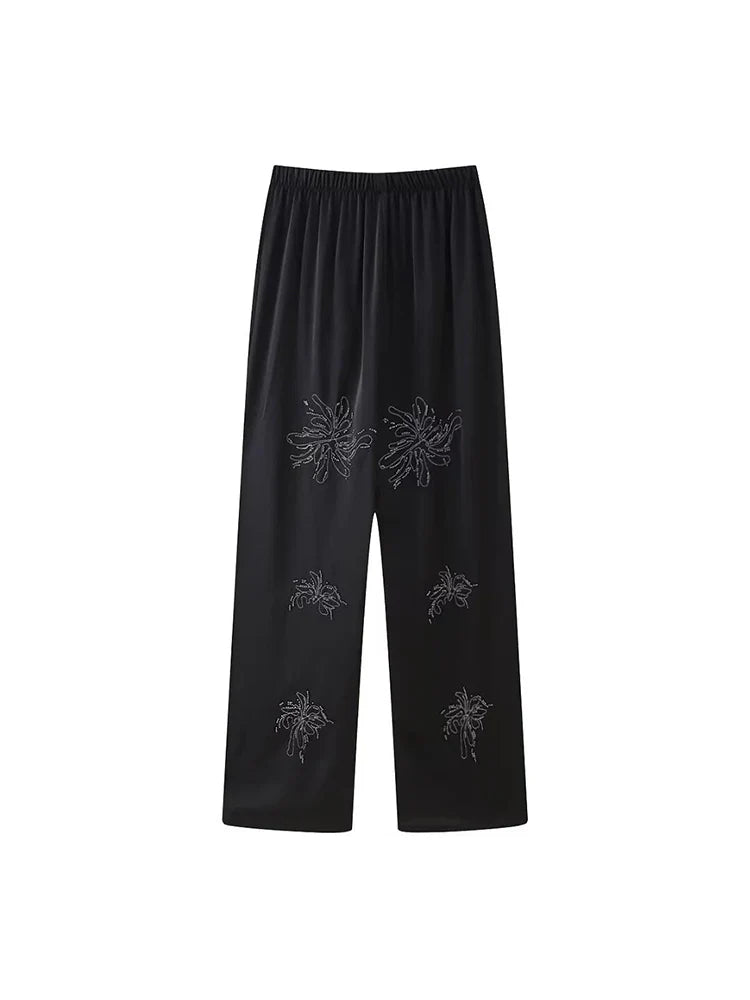 Women's Beaded Embroidery Long Sleeve Shirt and Loose Trousers Set with Lace Up Details