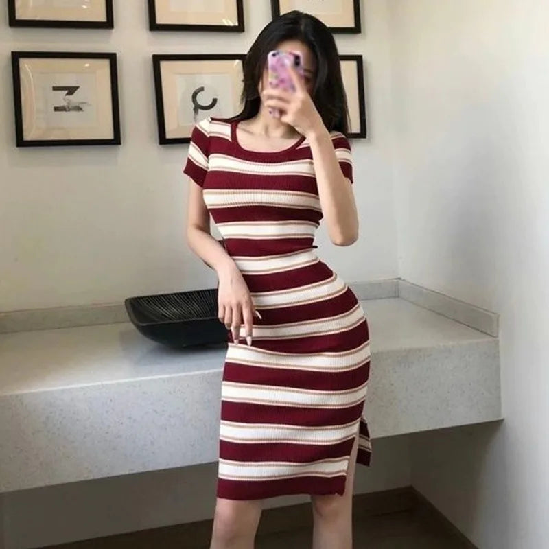 Striped Knit Dress Wrapped Short Hip With Front Slit