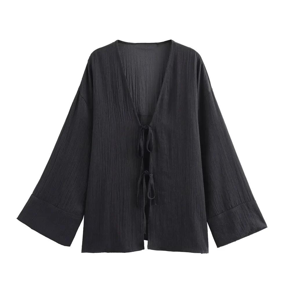 Women's Fashion Casual V-neck Long Sleeve Lace Coat and Wide Leg Pants Set