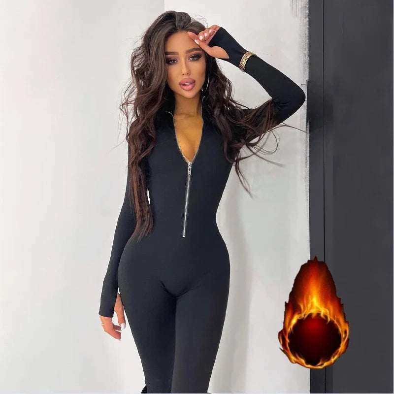 Solid Black Gray Long Sleeve Skiing Jumpsuit for Women Slim Fit Elastic High Waist Fitness Sportwear Romper Streetwear Outfit