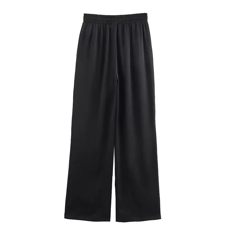 Pajama Style Women's Two Piece Set with Double-Breasted Satin Blazer and Lace Up Creased-Effect Trousers for Spring Fashion