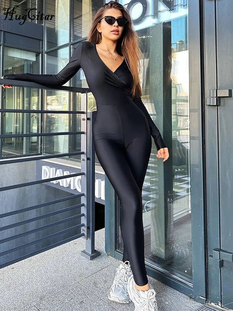 V Neck Long Sleeve Ruched Bodycon Skinny Jumpsuit Sexy Solid Color Party Romper Overalls Y2K Fashion Vacation Wear