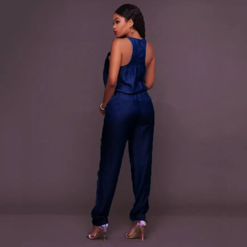 Womens Sleeveless Denim Jumpsuit Waist-Cinching Romper with Long Pants Stylish Summer Outfit