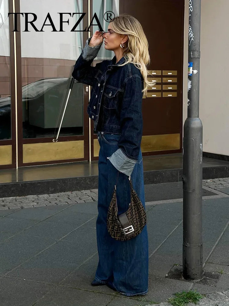 Women's Denim Jacket and Baggy Pants Set Casual Loose Streetwear Outfit