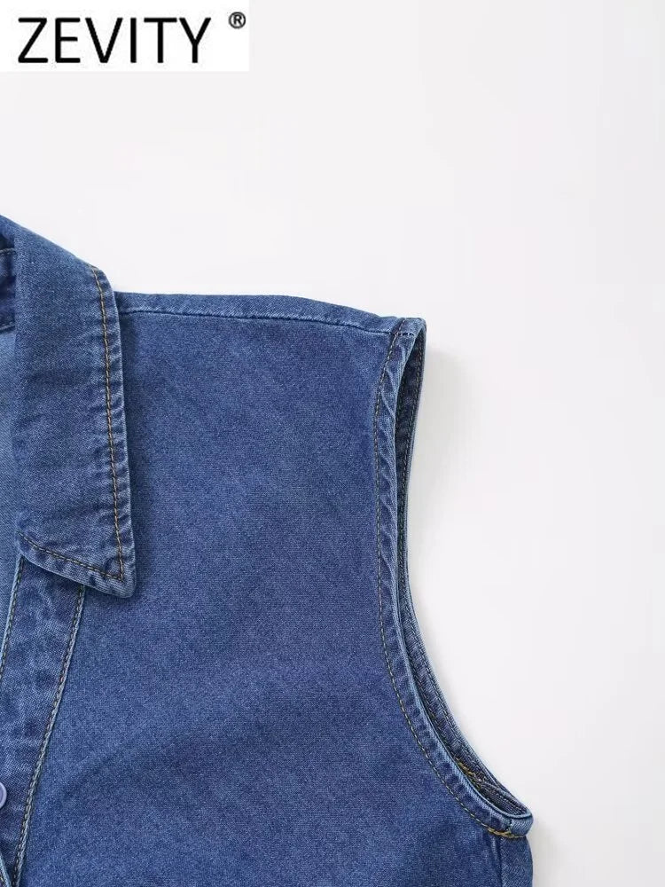 Women Sleeveless Pleated Denim Blouse Single Breasted Office Shirt Chic Casual Top