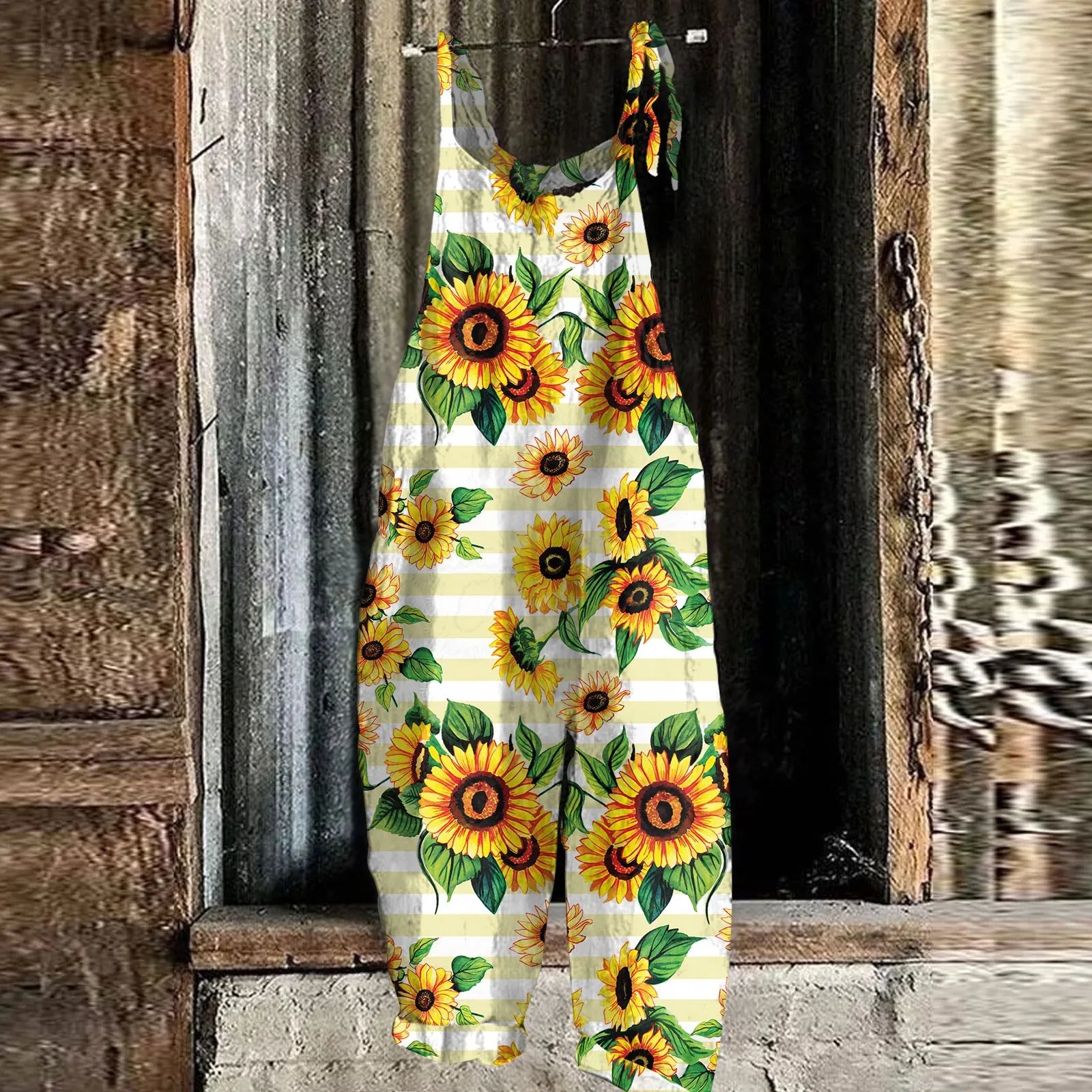 Sunflower Print Slim Fit Cotton Linen Overalls Women Casual Loose Jumpsuit Stylish Romper with Adjustable Shoulder Straps Comfortable Everyday Wear