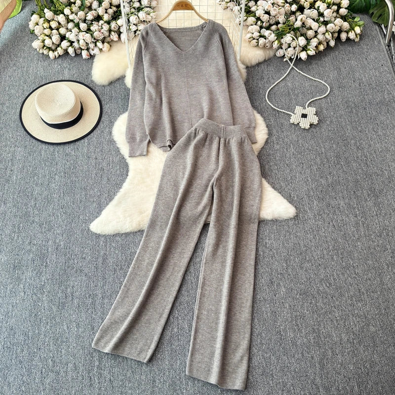 Cozy Knitted Two-Piece Women's Tracksuit Set with V-Neck Sweater and Straight Jogging Pants Autumn Winter Lounge Wear
