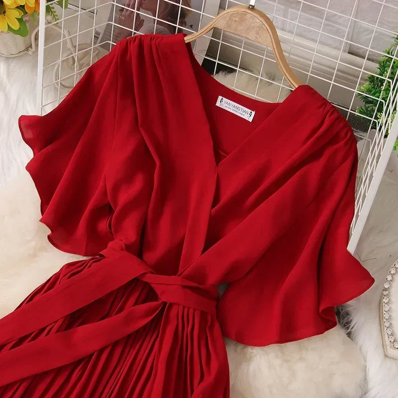 Chiffon Pleated Lace Up V Neck Dress For Women Summer