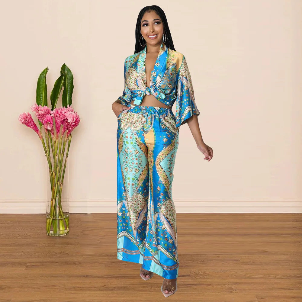 Women's Imitation Silk Printed Two Piece Set with Lace-Up Long Sleeve Top and Wide-Leg Pants for Casual Street Style