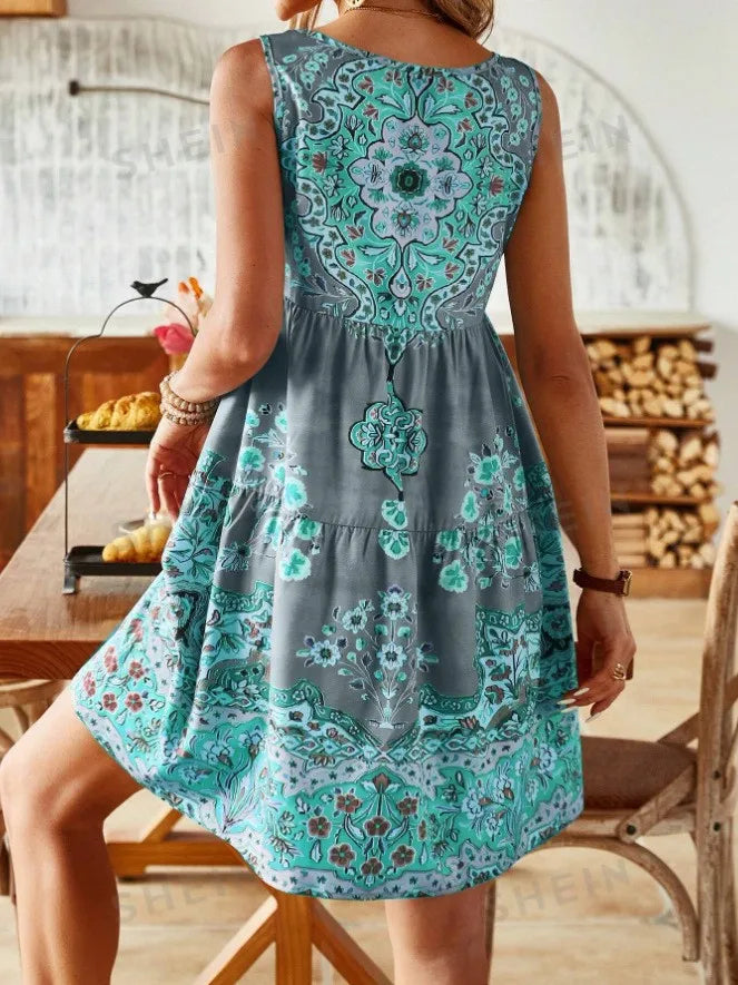 Summer Print Dress Sleeveless V Neck For Women Resort Wear