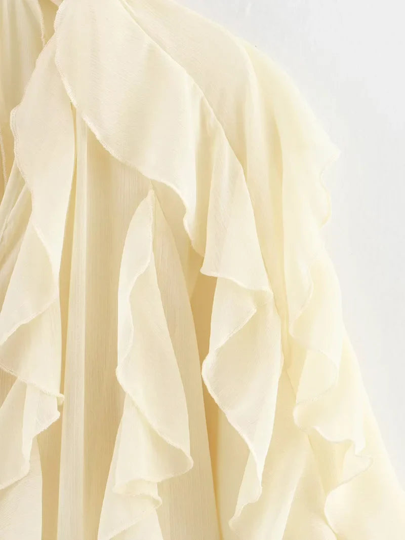 Women's Semi-Transparent V-Neck Tiered Decoration Long Sleeve Casual Shirt Blouse Top