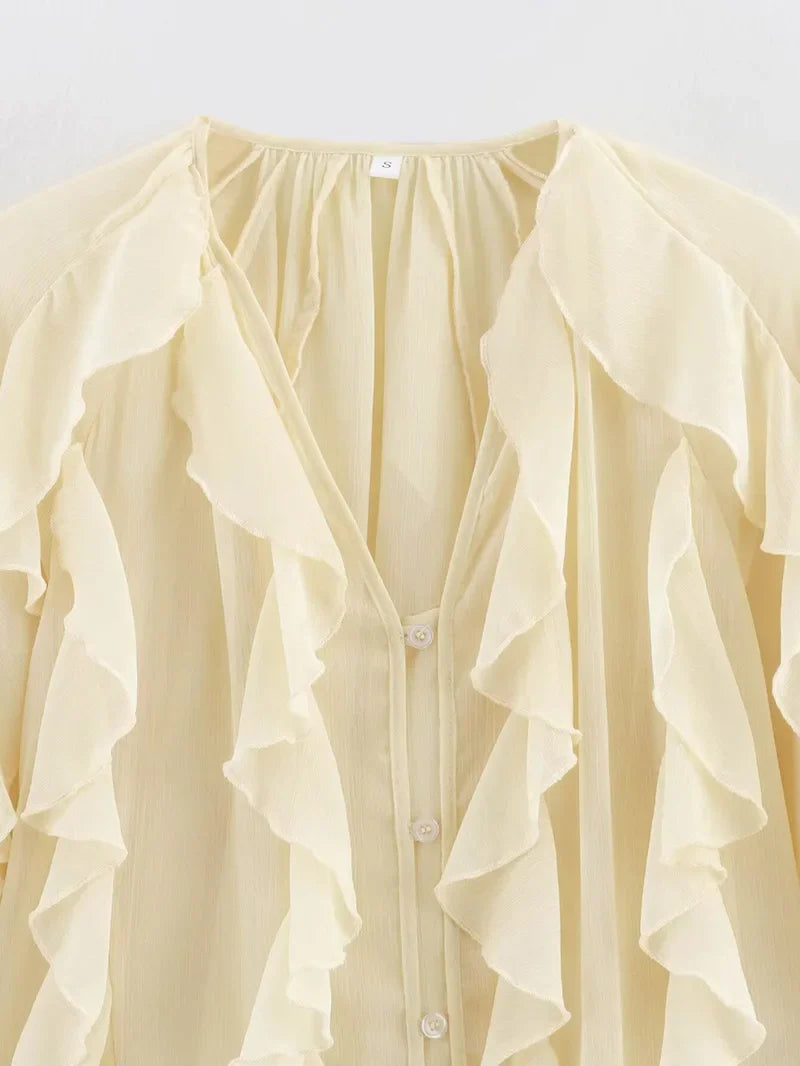 Women's Semi-Transparent V-Neck Tiered Decoration Long Sleeve Casual Shirt Blouse Top