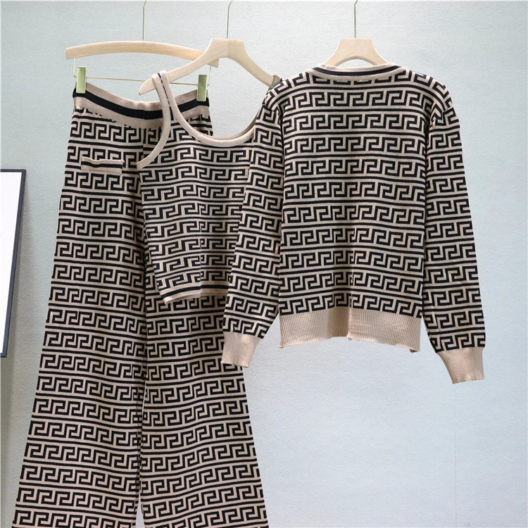 Elegant Casual Three-Piece Women's Houndstooth Printed Vest and Trousers Set