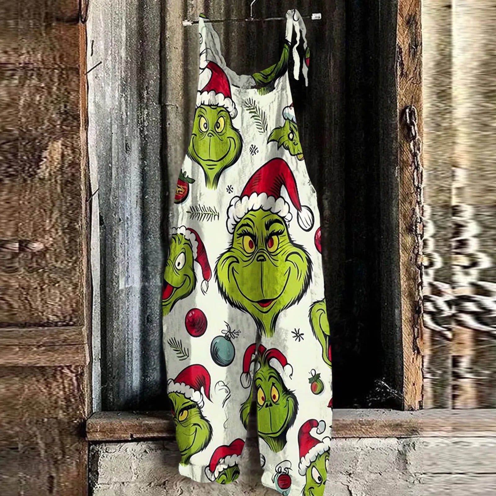 Kawaii Cartoon Print Casual Loose Vintage Strappy Jumpsuit Women's Fashion Festival Pants with Christmas Theme