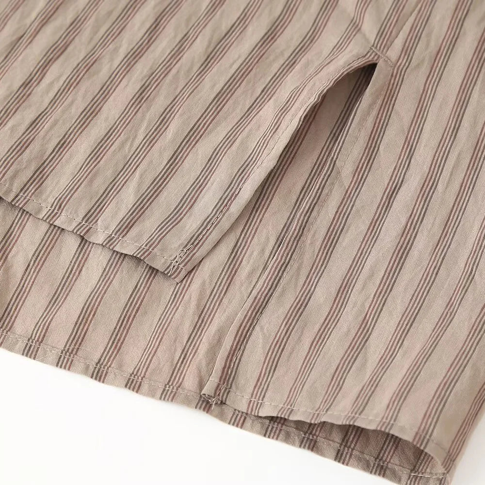 Women's Casual Striped Shirt and Elastic Waist Wide Leg Pants Relaxing Set