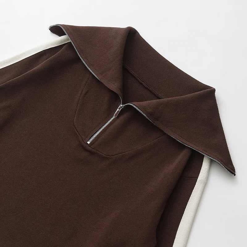 Chic Women's 2 Piece Set Brown Pullover Sweatshirt and Vintage High Elastic Waist Trousers