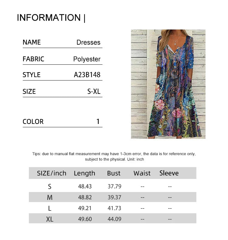 Women's Casual Printed Button Front Long Sleeve Dress