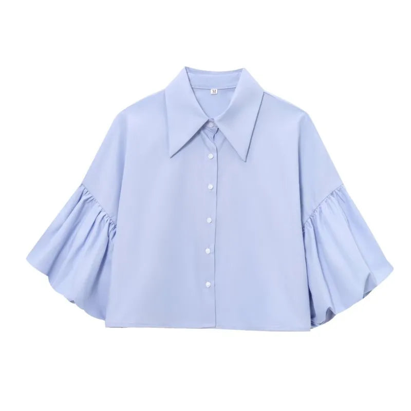 Women's Casual Short Shirt with Puff Sleeves Button Front Loose Blouse Chic Spring Top