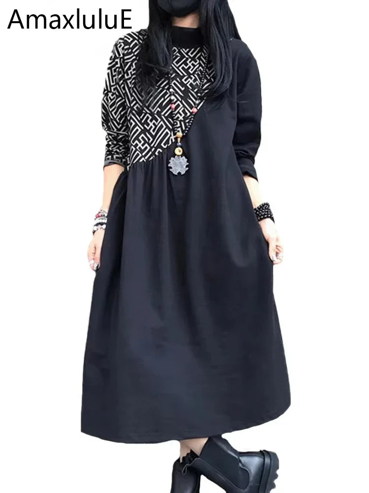 Loose Printed Turtleneck Dress For Women Elegant Casual