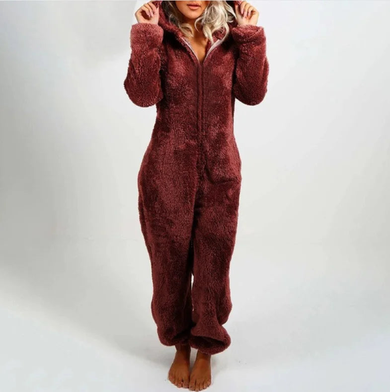Women's One-Piece Hooded Jumpsuit Thickened Full-Length Overalls Cozy Autumn Winter Wear